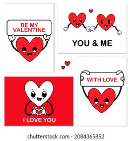 Valentine's day card set with 30s cartoon style love symbols and short phrases. Boyfriend and girlfriend heart character holding hands, banner vector graphic for February 14th romantic holiday. 