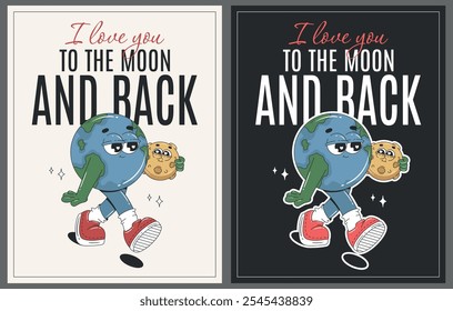 Valentijnsdag kaart set met cartoon groovy karakters - Aarde en maan. Liefdesconcept. Vintage illustraties.