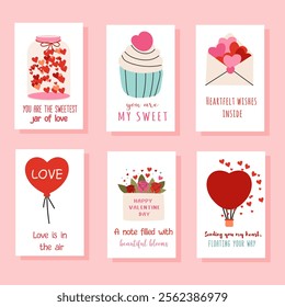 Valentine's Day Card Set: A charming collection of six adorable Valentine's Day cards featuring hand-drawn hearts, balloons, cupcakes, and flowers.