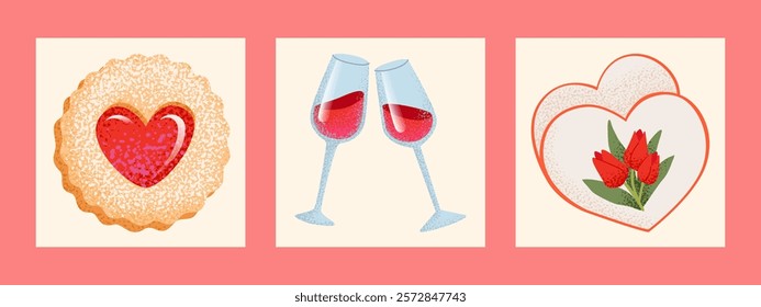 Valentines Day card set. Cookie, red wine, and valentine's for website banner, Sale, Valentine card, cover, flyer or celebration poster for Social Media. Trendy vector illustration.