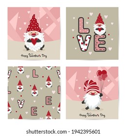 Valentines day card set with cute gnome and red hearts. Vector love illustration.