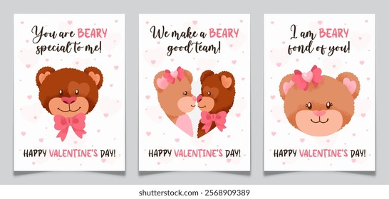 Valentines Day card set with cute teddy bears couple. Holiday romantic postcards collection with hand drawn toy animals in love. Textured brown plush boy and girl. Flat isolated vector illustration.