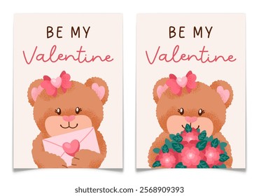 Valentines Day card set with cute hand drawn girl teddy bears. Female plush animal holding envelope and bouquet. Handwritten love letter. Holiday romantic postcard collection. Flat vector illustration