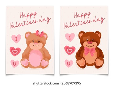 Valentines Day card set with cute teddy bears couple. Elegant handwritten love text. Holiday romantic postcard collection with hand drawn plush toy animals. Flat style textured vector illustration