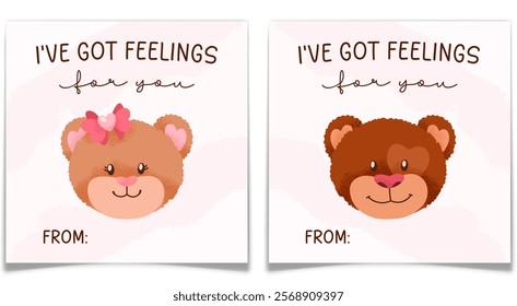 Valentines Day card set with cute teddy bears couple. Handwritten love letter. Holiday romantic postcard collection with hand drawn toy male and female animals. Flat style textured vector illustration