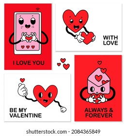 Valentine's day card set with funny cartoon hearts, mobile phone and envelope characters. Red, pink and white vector graphic with greeting phrases: I love you, be my valentine, always and forever.