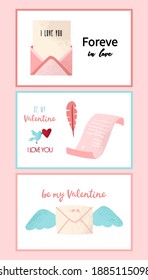 Valentine's day card set. Greeting card with a bird with a heart. Flat postcard in handmade graphics