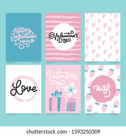 Valentine's Day card set - hand drawn flat style with brush calligraphy. Vector illustration