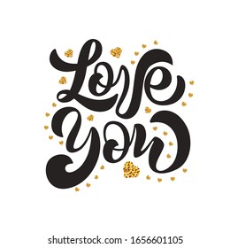 Valentine`s Day card set - hand drawn style with calligraphy. Love you. Vector illustration.
