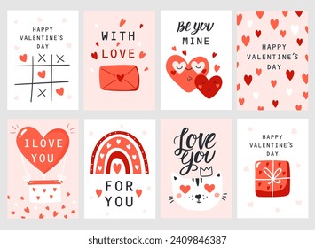 Valentine`s Day card set with hand draw lettering and cute elements. Cards, posters, brochures. Ideal for Valentine`s Day, wedding and birthday. Vector illustrations