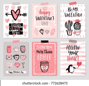 Valentine`s Day card set - hand drawn style with calligraphy. Vector illustration.