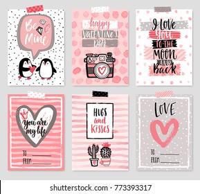 Valentine`s Day card set - hand drawn style with calligraphy. Vector illustration.