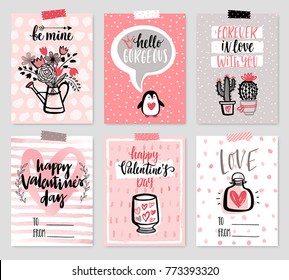 Valentine`s Day card set - hand drawn style with calligraphy. Vector illustration.