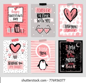 Valentine`s Day card set - hand drawn style with calligraphy. Vector illustration.