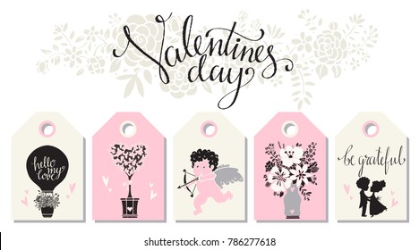 Valentines day card set. Isolated on white background. Handwritten font
