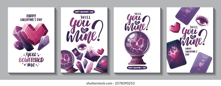 Valentine's Day card set with magic ball, crystals, love letter, heart in a glass dome, tarot cards, love eye. Romantic, magic love, 14 February concept, Vector illustrations.