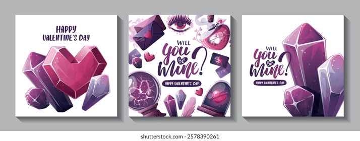 Valentine's Day card set with magic ball, love potion, crystals, love letter, heart in a glass dome, tarot cards, love eye. Romantic, magic love, 14 February concept, Vector illustrations.