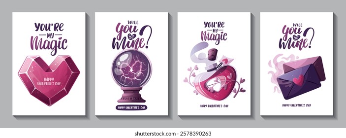 Valentine's Day card set with magic ball, crystals, love letter, love potion. Romantic, magic love, 14 February concept, Vector illustrations.