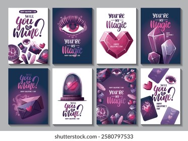 Valentine's Day card set with magic ball, love potion, crystals, love letter, heart in a glass dome, tarot cards, love eye. Romantic, magic love, 14 February concept, Vector illustrations.