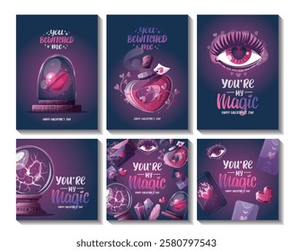 Valentine's Day card set with magic ball, love potion, crystals, love letter, heart in a glass dome, tarot cards, love eye. Romantic, magic love, 14 February concept, Vector illustrations.