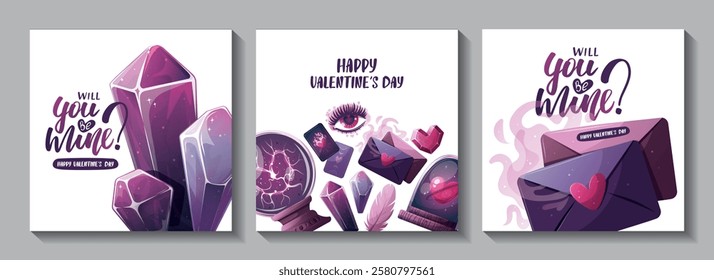 Valentine's Day card set with magic ball, crystals, love letter, heart in a glass dome, tarot cards, love eye. Romantic, magic love, 14 February concept, Vector illustrations.