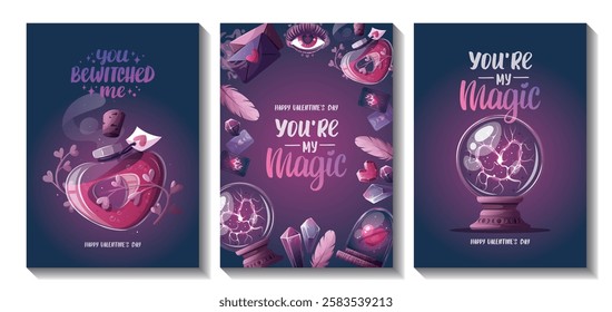 Valentine's Day card set with magic ball, love potion, crystals, love letter, heart in a glass dome, tarot cards, love eye. Romantic, magic love, 14 February concept, Vector illustrations.