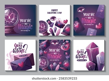 Valentine's Day card set with magic ball, love potion, crystals, love letter, heart in a glass dome, tarot cards, love eye. Romantic, magic love, 14 February concept, Vector illustrations.