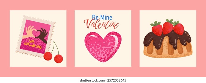 Valentines Day card set. Postage stamp, heart, strawberry cake with chocolate for website banner, Sale, Valentine card, cover, flyer or celebration poster for Social Media. Trendy vector illustration.