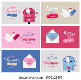 Valentine's day card set, postcard or banner design with handwritten font, a postbox, an envelope, a dove cute illustration. Vector illustration design template