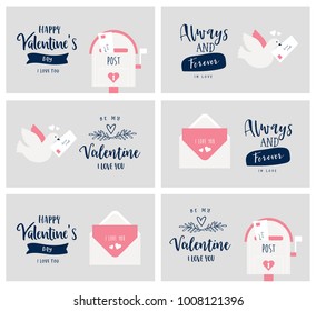 Valentine's day card set, postcard or banner design with handwritten font, a postbox, an envelope, a dove cute illustration. Vector illustration design template