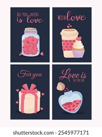 Valentine's day card set, poster with graphic and typographic elements. llustration for poster, banner, card, postcard, cover, advertising. EPS 10