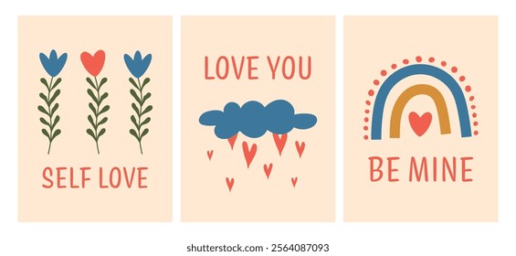 Valentine's day card set. Rainbow, cloud, rain of hearts, flowers. Cute vector illustration for holiday design