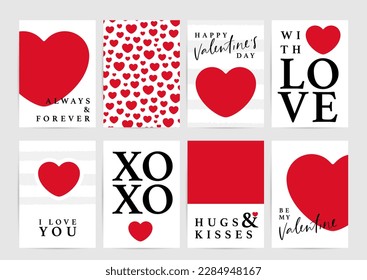 Valentines day card set in red, white and black colors. Vector heart clipart and background collection. Romantic words about love.