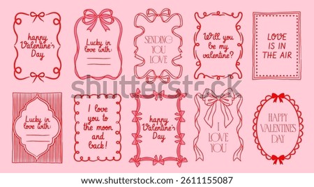 Valentines Day Card Set. Romantic greeting cards or love letters with adorable borders with bows and pink ribbons. Design Elements for Invitations. Flat vector illustration isolated on background