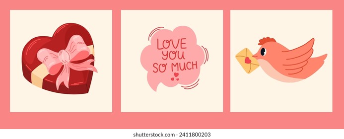 Valentines Day card set. Speech bubbles with compliment phrases, box of chocolates, pigeon with a letter. For website banner, Sale, Valentine card, cover, flyer or poster trendy vector illustration