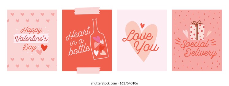 Valentines day card set. Stickers, birthday, save the date invitation. Romantic and lovely elements with lettering. Vector illustration. - Vector