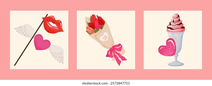 Valentines Day card set. Tulip bouquet, milk shake, lip mask, and hearts for website banners, Sale, Valentine card, cover, flyer or celebration poster for Social Media. Trendy vector illustration.