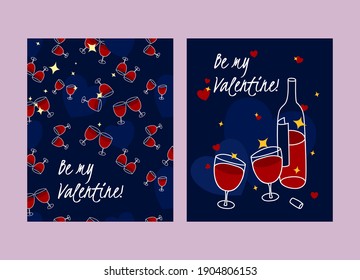 Valentines day card set. Various red wine glasses and bottles on the background in hand drawn doodle style. Day of love and lovers celebration template for postcard, poster or flyer design.