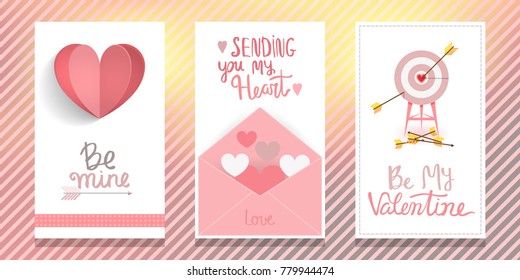 Valentine's Day card set. Vector illustration with hand drawn text. Gift tags: Be Mine, Sending You My Heart, Be My Valentine.