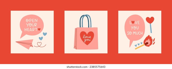 Juego de tarjetas de San Valentín. Para banner del sitio web, venta, tarjeta de San Valentín, portada, volante o afiche ilustración vectorial de moda