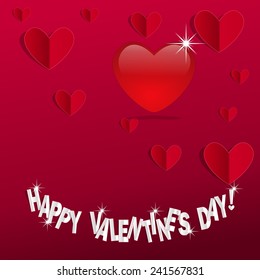 Valentine's Day card with shining glass heart among red paper hearts,  vector illustration