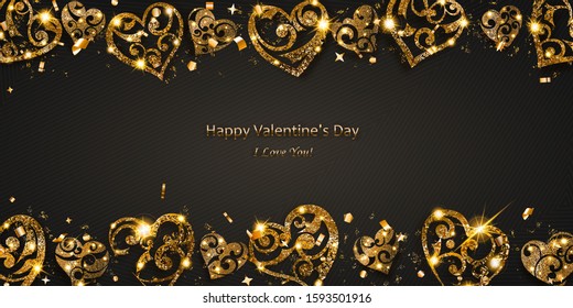 Valentine's day card with shiny hearts of silver and golden sparkles with glares and shadows on red background