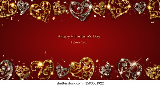 Valentine's day card with shiny hearts of silver and golden sparkles with glares and shadows on red background