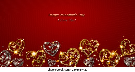Valentine's day card with shiny hearts of silver and golden sparkles with glares and shadows on red background