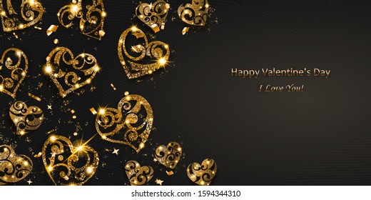 Valentine's day card with shiny hearts of golden sparkles with glares and shadows on dark background
