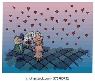 Valentine's Day card. Shy cat standing under an umbrella. Cat gives flowers pussycat. couple in love. in the air flying hearts