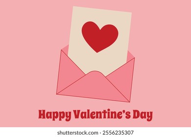 Valentine's Day card. Simple flat minimalistic design. Envelope and letter with heart. Vector illustration.