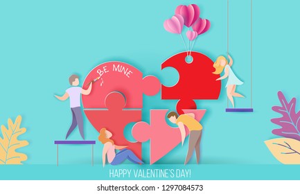 Valentines Day Card With Small People Build A Big Heart Puzzle. Vector Paper Art Illustration. Paper Cut And Craft Style.