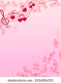 Valentine's day card in soft pink tones heart notes treble clef musical line Background for congratulating lovers on Valentine's Day Vector