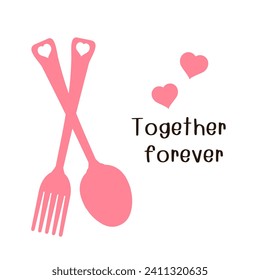 Valentine's day card with spoon, fork, pink hearts and hand written fonts isolated on white background vector illustration.